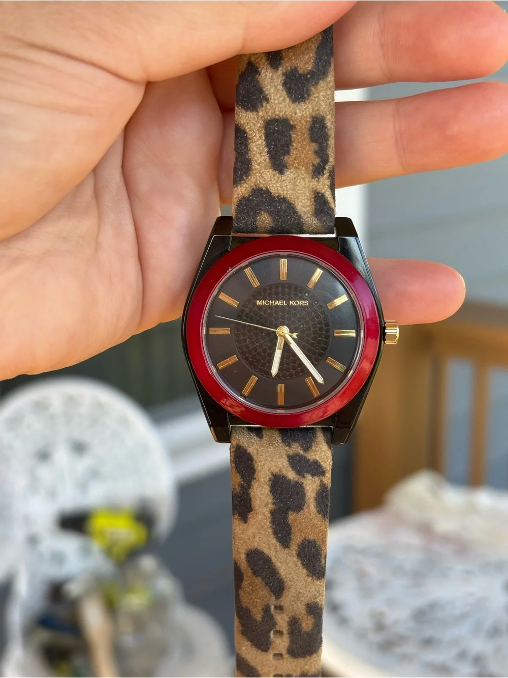 Michael Kors Leopard Print Suede Strap Watch with Red Bezel